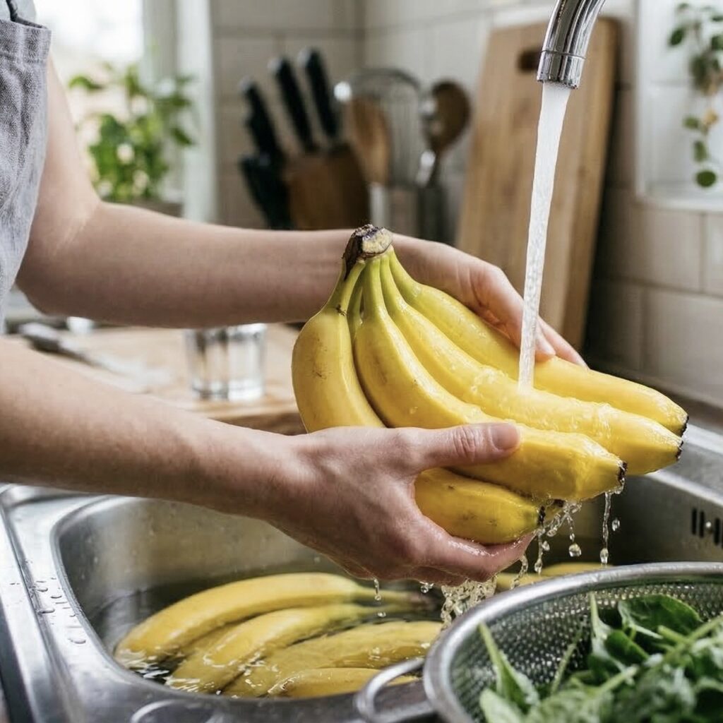 Bananas hanging on a stand next to a bowl of fresh fruit in a bright kitchen