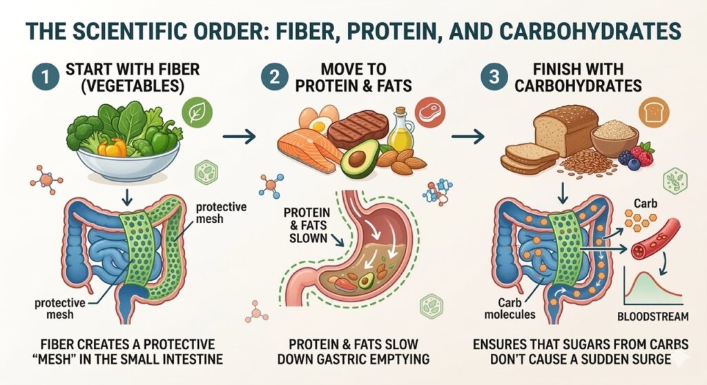 Diagram showing the eating order: fiber first, then protein and fat, and carbohydrates last
