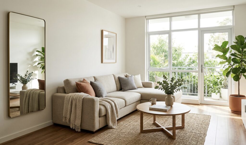 Bright, clutter-free living room with plants by the entryway, sofa facing the door, and natural light — feng shui principles applied to a modern home