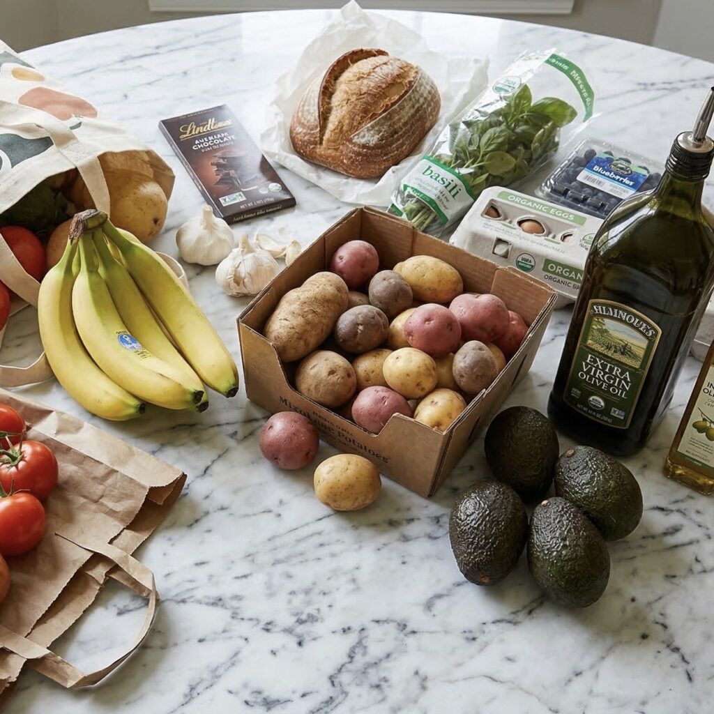 Tomatoes, potatoes, garlic, and onions stored on a wooden kitchen counter and pantry shelf instead of the refrigerator
