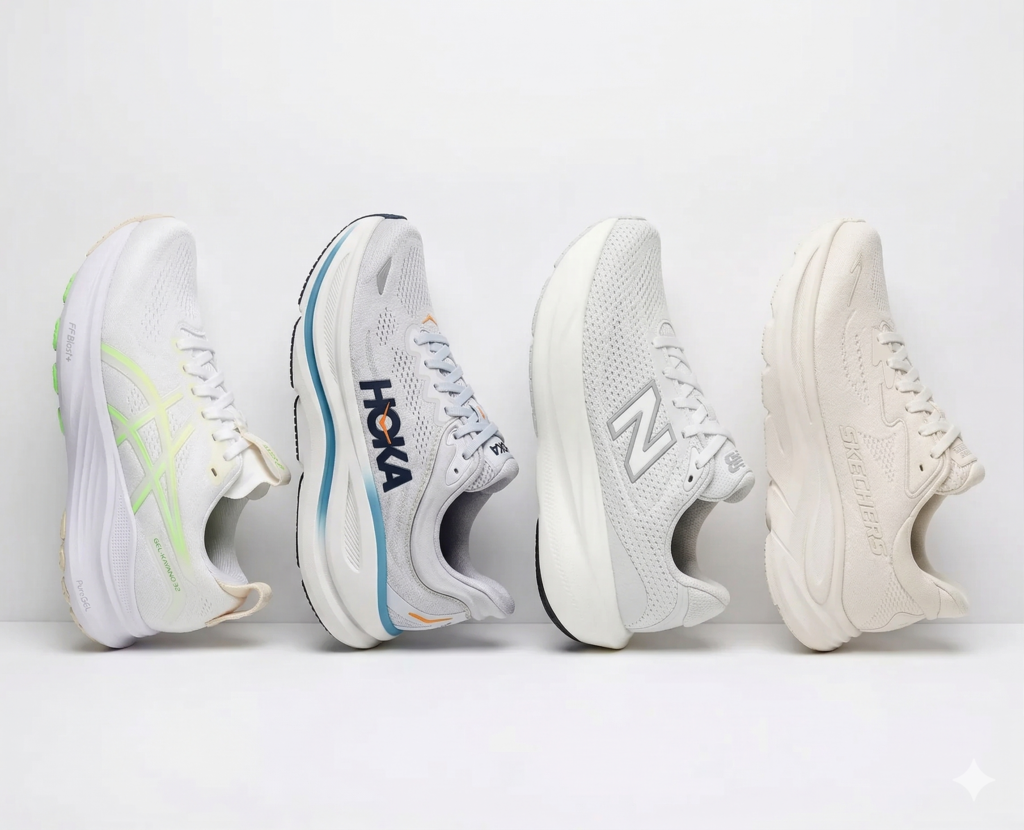 Four pairs of comfortable walking sneakers from New Balance, Hoka, Skechers, and ASICS lined up on a clean white surface