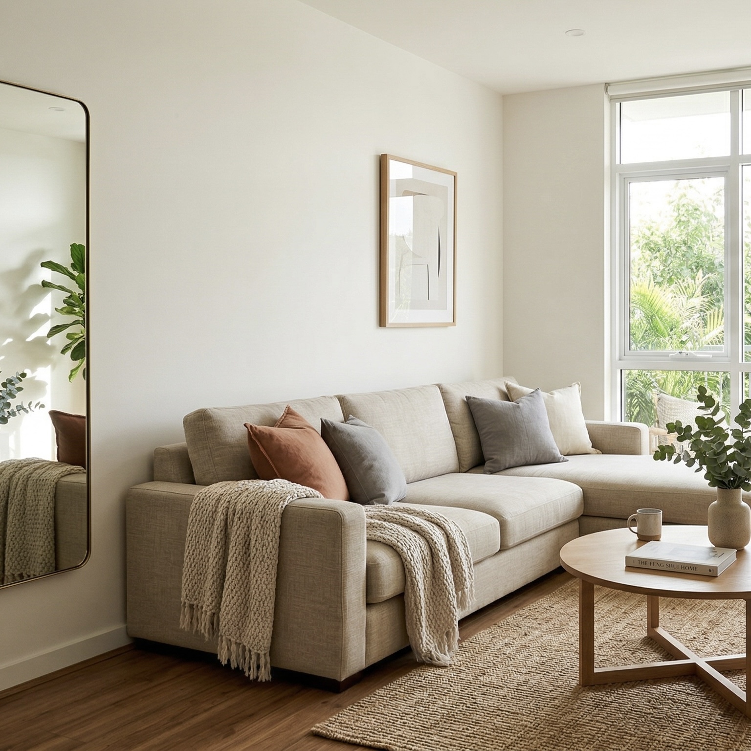 Bright, clutter-free living room with plants by the entryway, sofa facing the door, and natural light — feng shui principles applied to a modern home