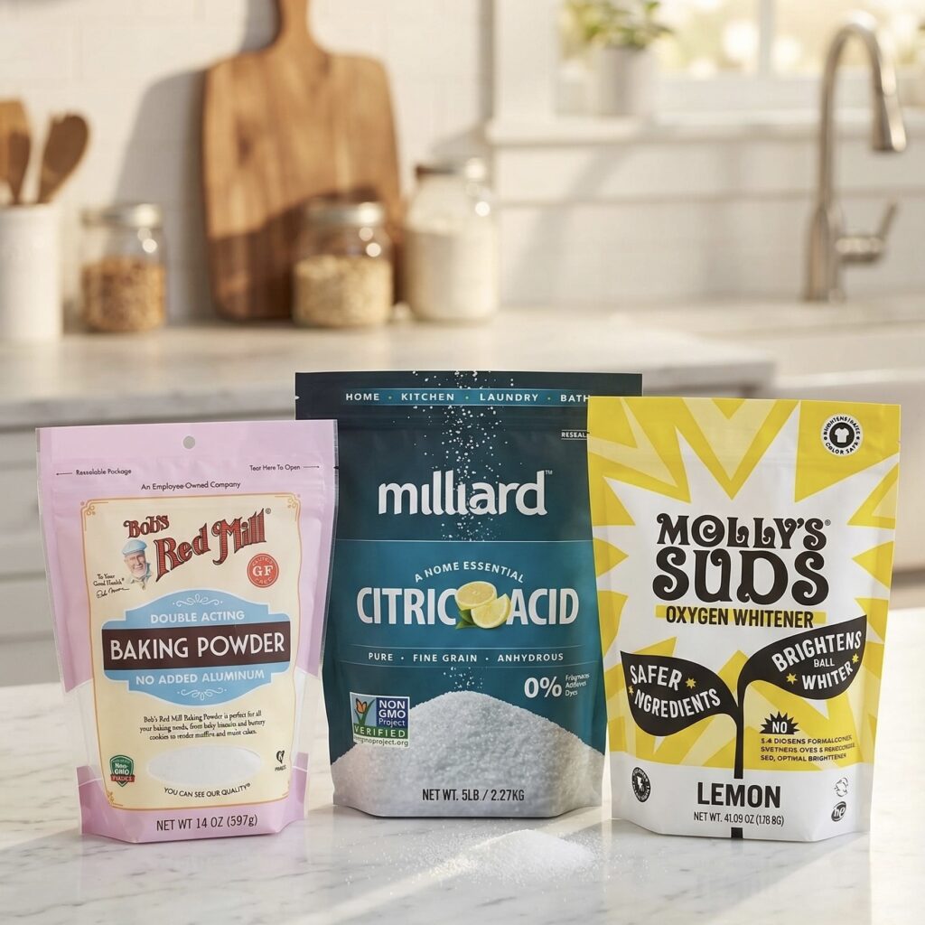 Three labeled jars of citric acid, baking soda, and sodium percarbonate lined up on a clean white kitchen counter