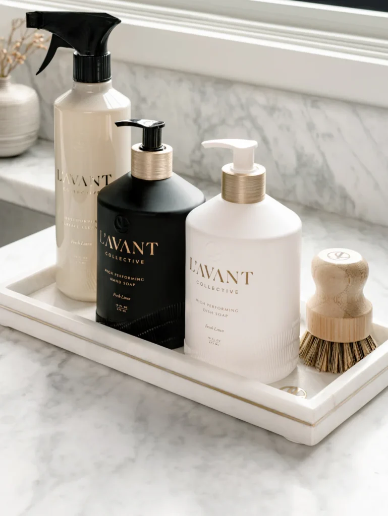 l avantluxurywhitemarbletraywithbrasslogo with hand soap and dish soap fresh linen 2048x