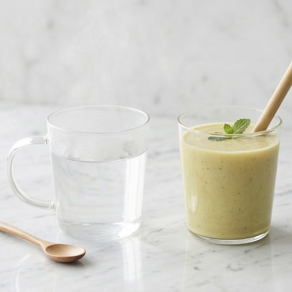 A cup of Organic Throat Coat Tea and a green healthy smoothie for morning wellness