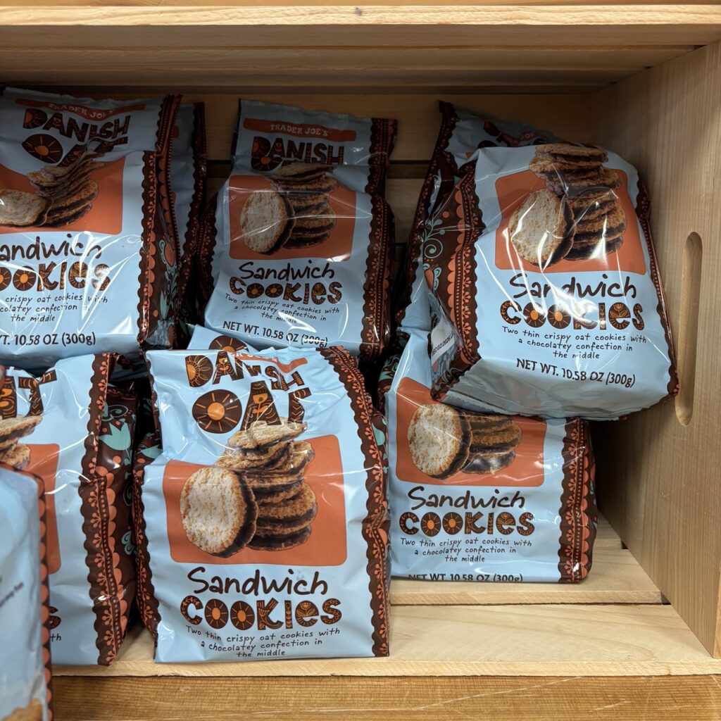 Trader Joe's Danish Oat Sandwich Cookies Packaging and Dark Chocolate Filling
