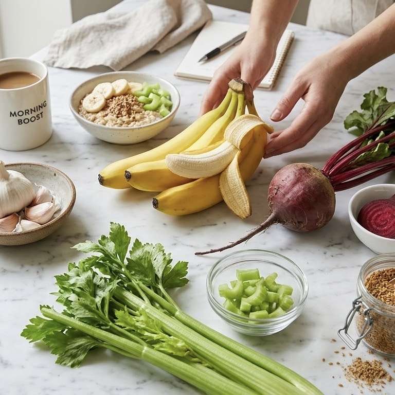 Garlic, banana, beetroot, celery, and flaxseeds arranged on a white kitchen counter for blood pressure health