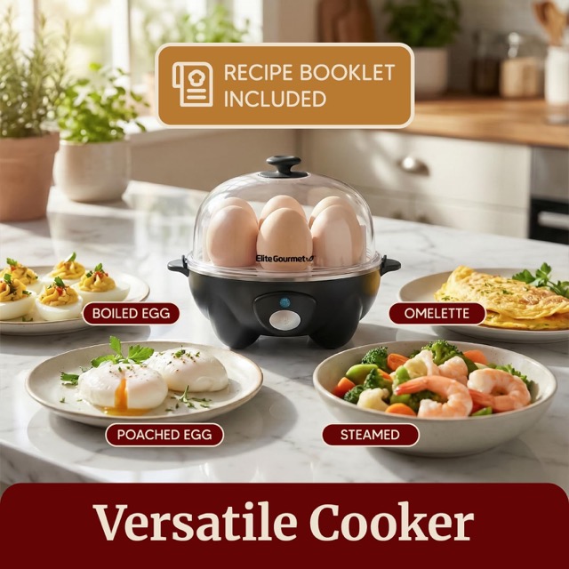 Five electric egg cookers lined up on a kitchen counter including Dash, Elite Gourmet, and VOBAGA stainless steel models