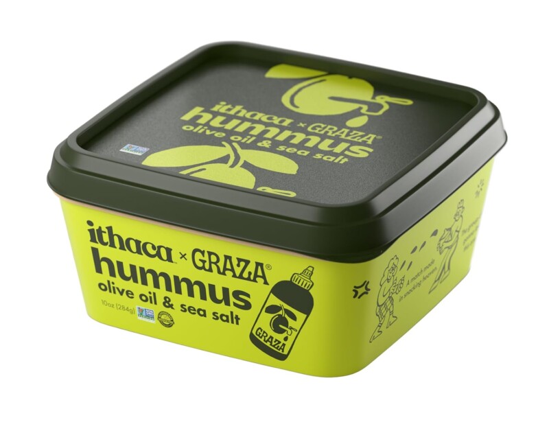 Five store-bought hummus containers including Ithaca x Graza, Ithaca Lemon Garlic, Cedar