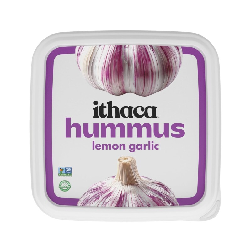 Five store-bought hummus containers including Ithaca x Graza, Ithaca Lemon Garlic, Cedar