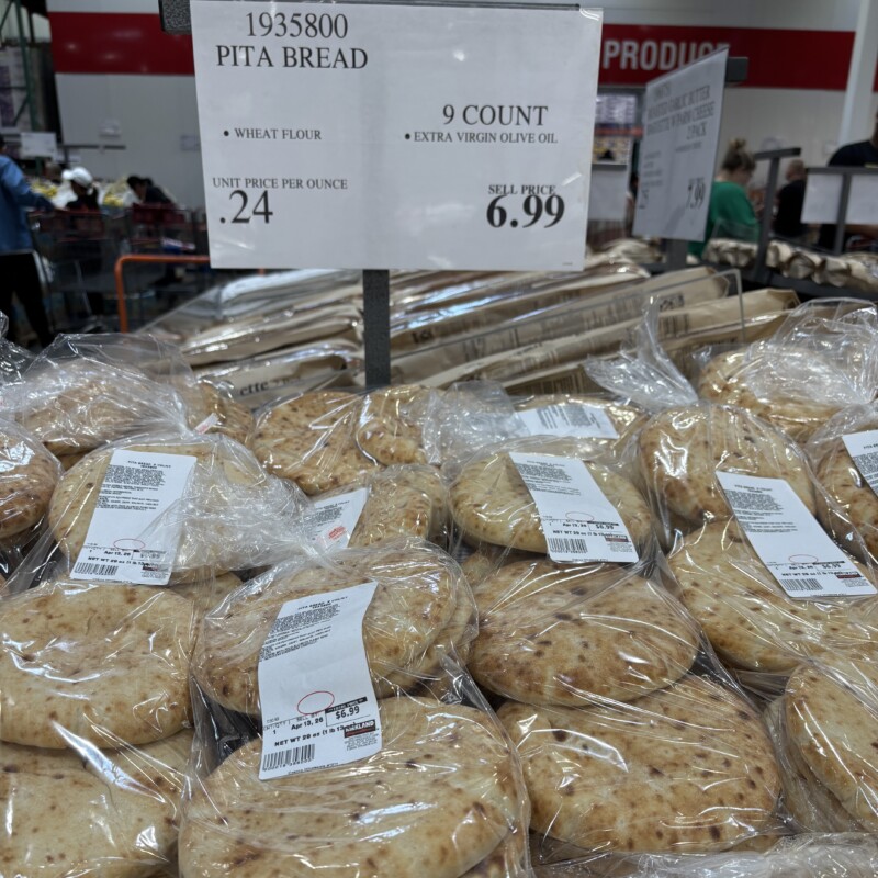Costco Kirkland Signature Pita Bread 9-count package in the bakery section with a $6.99 price tag