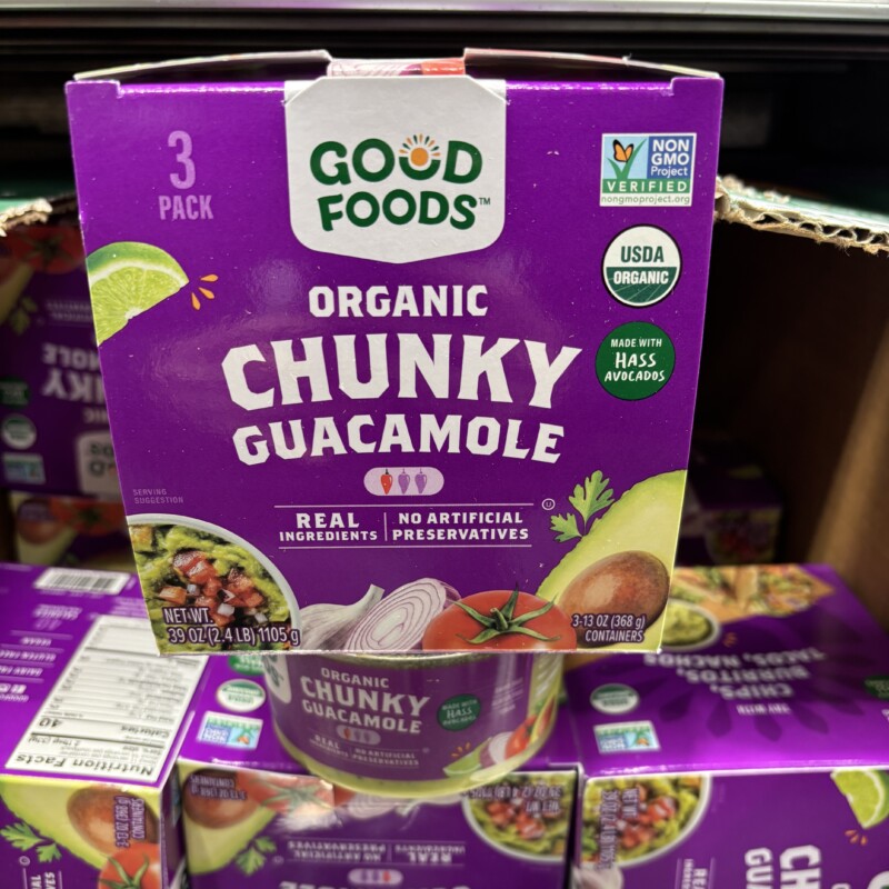 Good Foods Organic Chunky Guacamole 3-pack box showing clean ingredients and USDA organic label